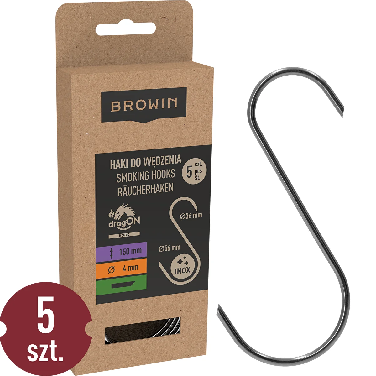 Ganci per affumicatura - a S, punte tagliate a 45°, 4 mm x 150 mm, 5 pezzi
