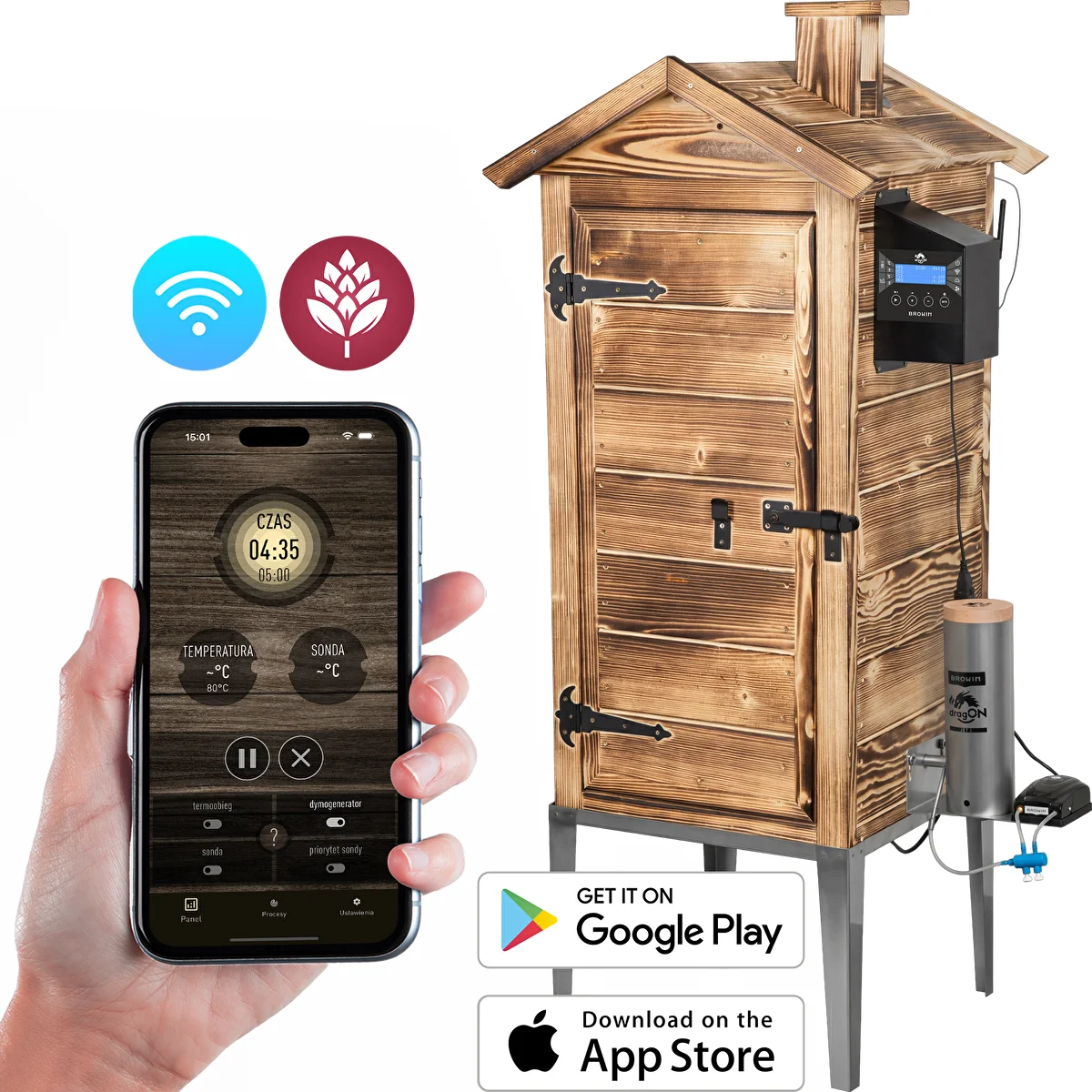 Affumicatoio con Wi‑Fi, 200 L - dragON WOOD 100IQ con modulo riscaldante elettrico e centralina, a legna