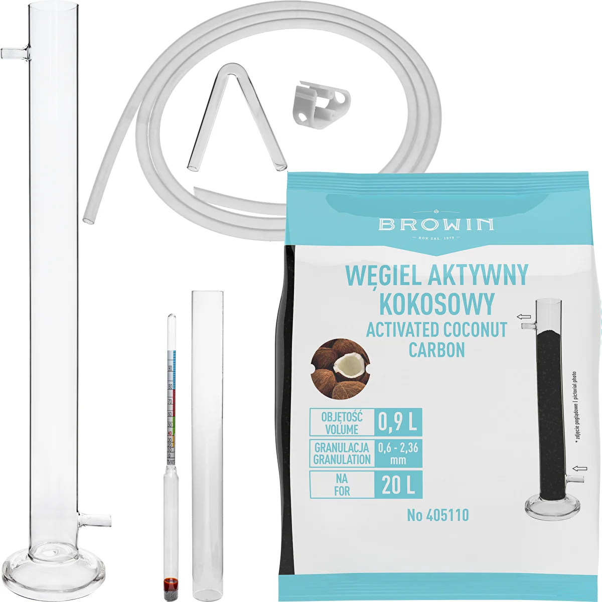 Colonna filtrante in vetro in kit con alcolometro, tubicino in silicone e carbone attivo di cocco