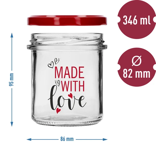 Barattolo semplice 346ml fi 82 con stampa colorata "Made With Love" e coperchio bordeaux, 3 pezzi - 6