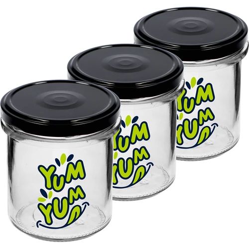 Barattolo semplice 346ml fi 82 con stampa colorata "Yum Yum" e coperchio nero, 3 pezzi - 2