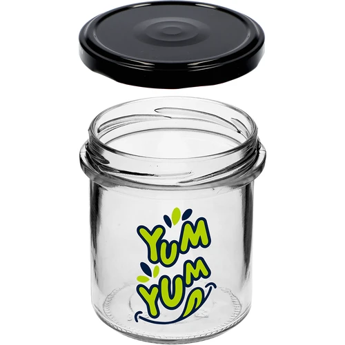 Barattolo semplice 346ml fi 82 con stampa colorata "Yum Yum" e coperchio nero, 3 pezzi - 5