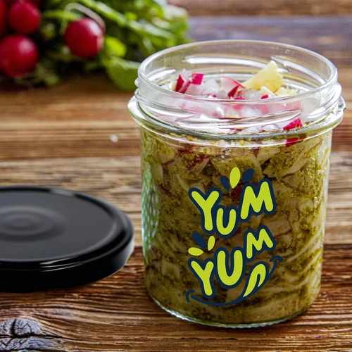 Barattolo semplice 346ml fi 82 con stampa colorata "Yum Yum" e coperchio nero, 3 pezzi - 8