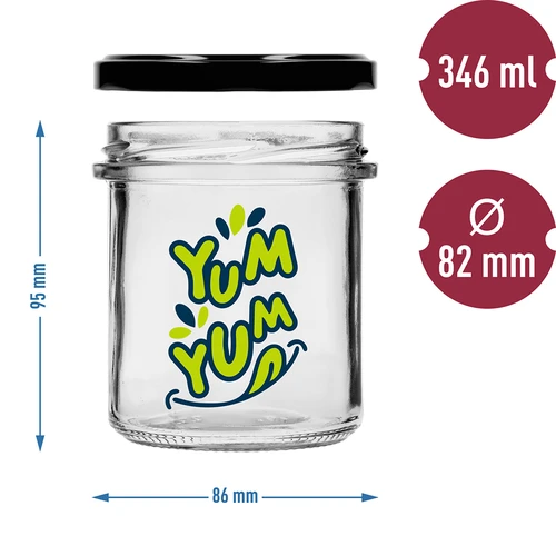 Barattolo semplice 346ml fi 82 con stampa colorata "Yum Yum" e coperchio nero, 3 pezzi - 6