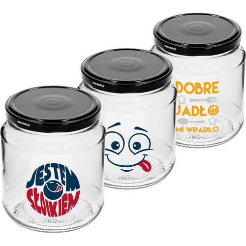 Barattolo TO 580ml fi 82 con stampa colorata e coperchio nero, 3 pezzi. - 2