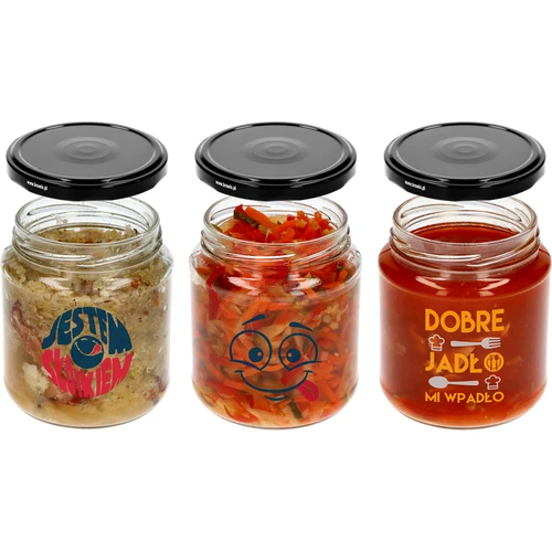 Barattolo TO 580ml fi 82 con stampa colorata e coperchio nero, 3 pezzi. - 4