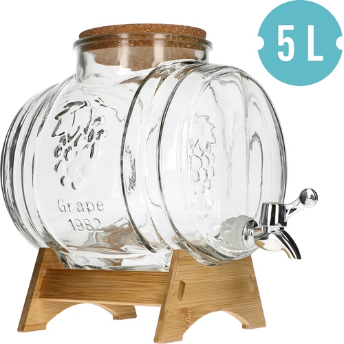 Botticella in vetro 5 L, con ampia imboccatura, tappo in sughero, base in legno e rubinetto - 2