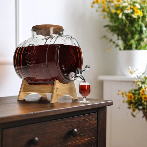 Botticella in vetro 5 L, con ampia imboccatura, tappo in sughero, base in legno e rubinetto - 6