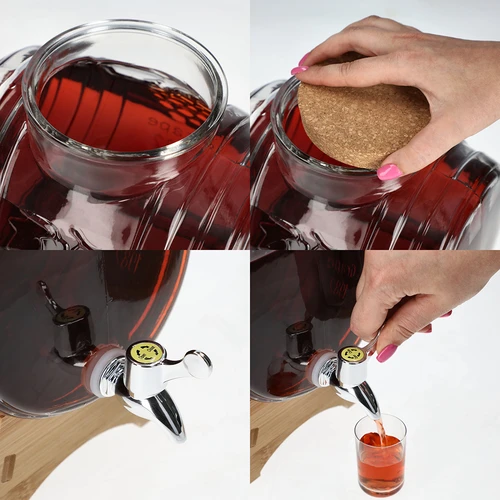 Botticella in vetro 5 L, con ampia imboccatura, tappo in sughero, base in legno e rubinetto - 5