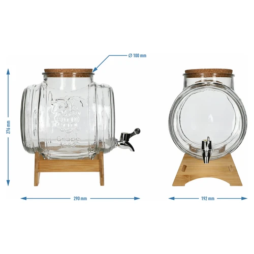 Botticella in vetro 5 L, con ampia imboccatura, tappo in sughero, base in legno e rubinetto - 7