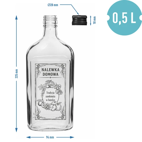 Bottiglia tipo fiaschetta 500 ml con tappo a vite, stampa "Nalewka domowa", 1 pz. - 4