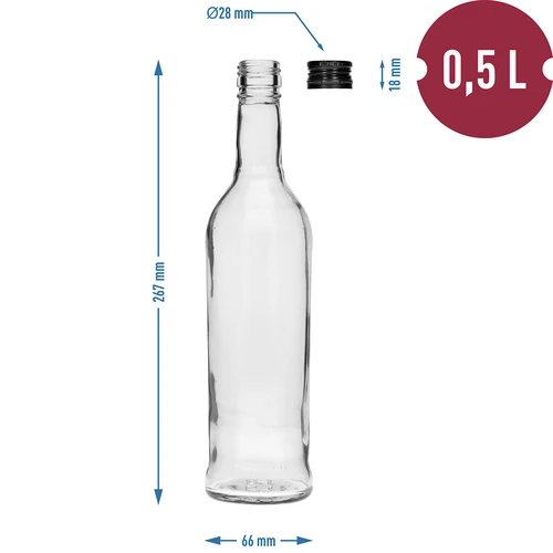 Butelka 500 ml slanciata, con tappo a vite nero, per vodka, 6 pz. - 7
