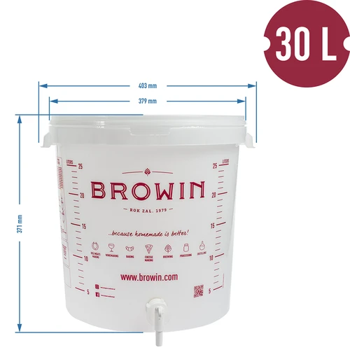 Contenitore di fermentazione 30L, colore bianco con stampa, rubinetto e 2 tubi - j.EN - 6
