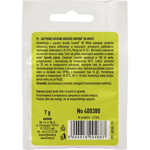 Enovini® OK WHITE - drożdże winiarskie obniżające kwasowość 7 g - 2