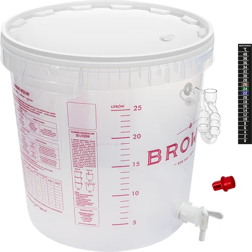 Fermentatore per birra con gorgogliatore, rubinetto, termometro e riduttore dei sedimenti