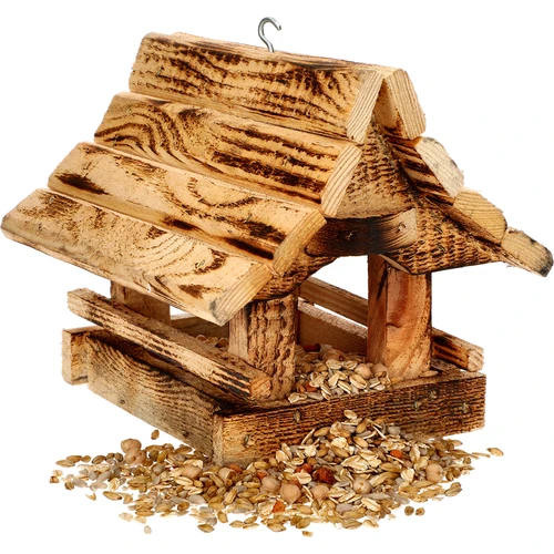 Mangiatoia per uccelli in legno, bruciata, casetta montanara - 5