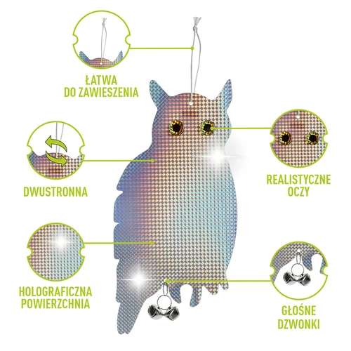 Odblaskowa zawieszka odstraszająca ptaki - sowa z dzwoneczkami - 4