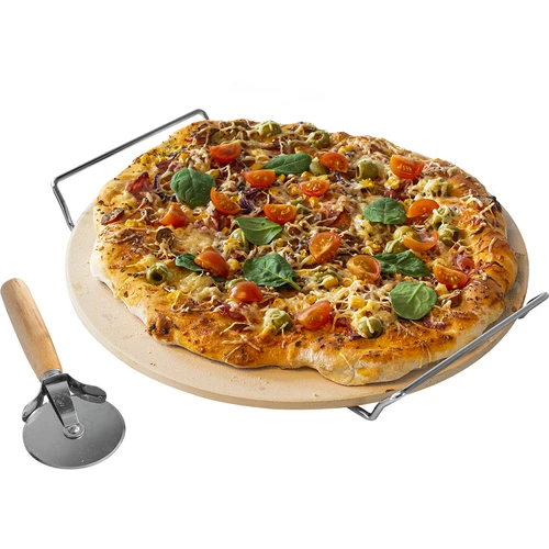 Pietra per pizza con manico e coltello, in cordierite, rotonda 33 cm  - 1 