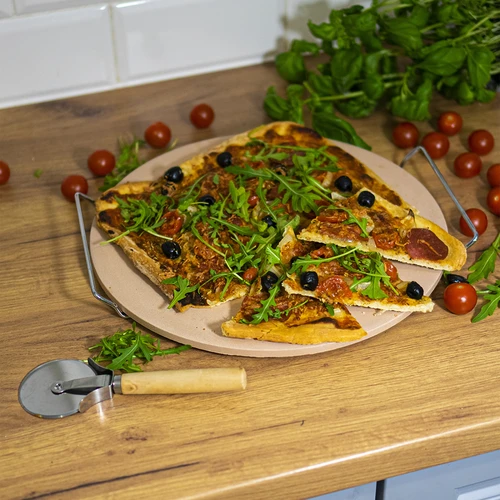 Pietra per pizza con manico e coltello, in cordierite, rotonda 33 cm - 14