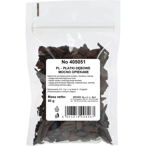 Płatki dębowe mocno opiekane do aromatyzacji alkoholi (whisky, bourbon, brandy, koniak, piwo), 50 g - 2