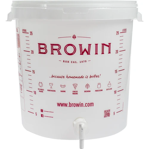 Pojemnik fermentacyjny 30L, w białym kolorze z nadrukiem, kranem i 2 rurkami - j.EN - 7