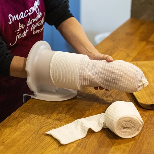 Rete per salumi bianca di dimensioni 12,5 cm x 5 m, con resistenza termica fino a 220°C - 4