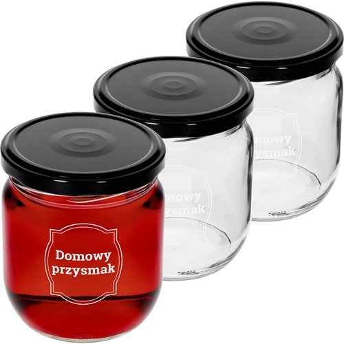 Słoik TO 425ml z nadrukiem „Domowy przysmak” i czarną zakrętką fi 82 - 3szt.