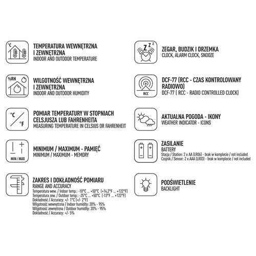 Stacja pogodowa RCC – elektroniczna, bezprzewodowa, podświetlana czujnik, czarna - 11