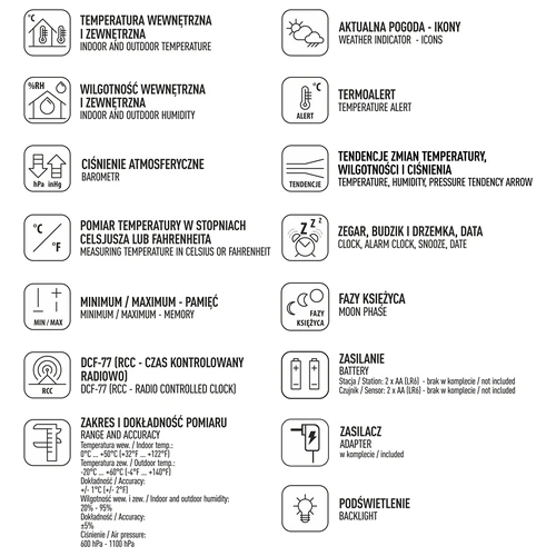 Stazione meteorologica RCC, DCF – elettronica, retroilluminata, wireless, sensore, nera - 11