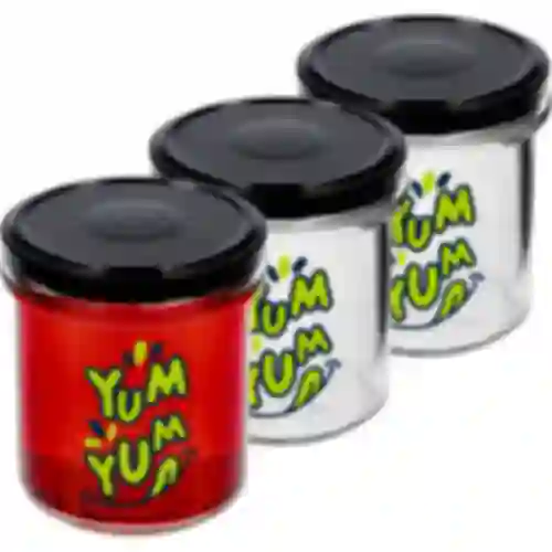Barattolo semplice 346ml fi 82 con stampa colorata "Yum Yum" e coperchio nero, 3 pezzi