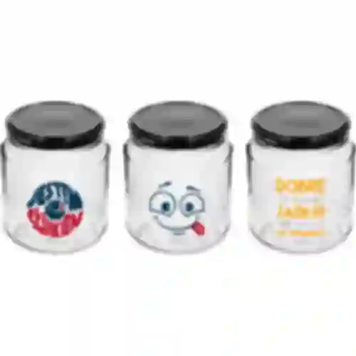 Barattolo TO 580ml fi 82 con stampa colorata e coperchio nero, 3 pezzi.