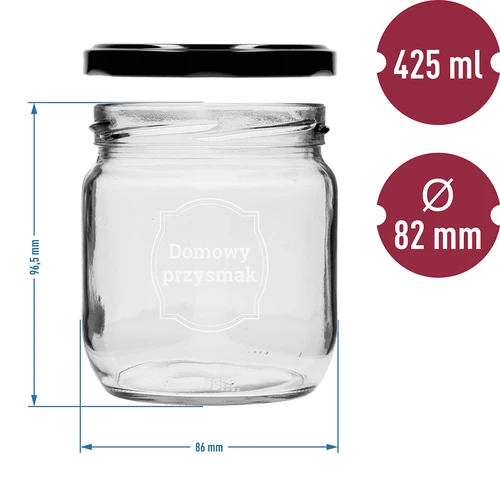Vasetto TO 425 ml con stampa «Domowy przysmak» e capsula nera Ø82 - 3 pezzi - 6