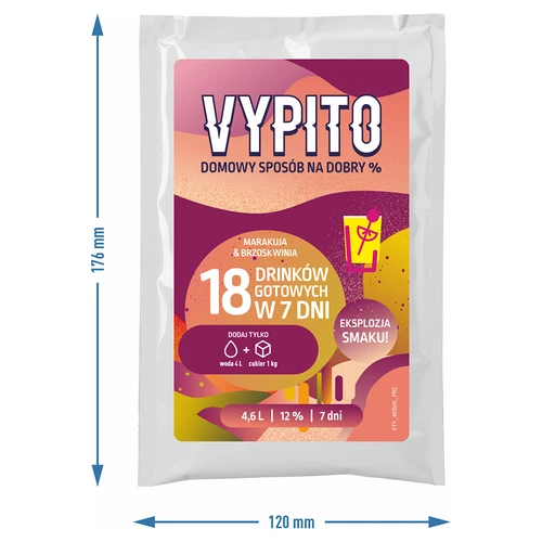VYPITO 12%, saszetka na 18 drinków – Marakuja-Brzoskwinia, 126g - 2
