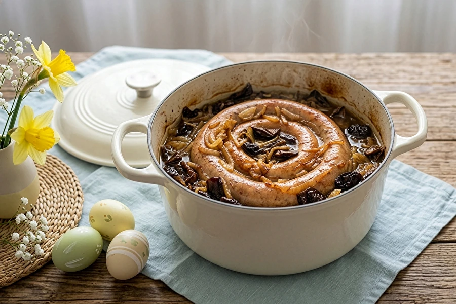 Browin Przepiśnik - Salsiccia bianca arrotolata al forno con funghi e prugne affumicate